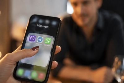 Девушка держит смартфон с приложениями Viber, Telegram и WhatsApp на экране, рассматривая возможность обмена контактами с мужчиной во время знакомства.