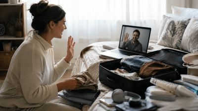 Женщина собирает чемодан перед переездом к мужчине-иностранцу и общается с ним по видеосвязи, готовясь к поездке в другую страну.