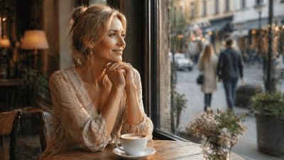 Красивая женщина около 45 лет в платье сидит в кафе у окна с чашкой кофе и с лёгкой улыбкой смотрит на улицу, ожидая знакомства с мужчиной