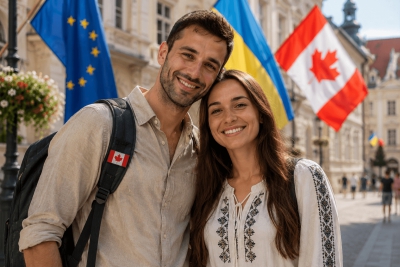 Счастливая украинка и мужчина из Канады на фоне флагов Украины, Канады и Европейского союза после успешного международного знакомства