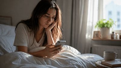 Женщина утром лежит в кровати и смотрит в телефон с задумчивым выражением лица после того, как мужчина пропал и перестал писать