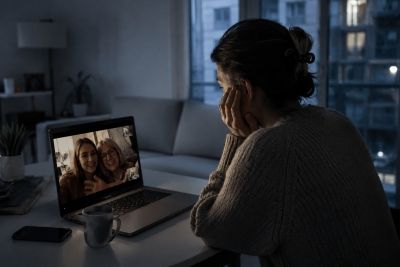Женщина одна в холодной квартире за границей разговаривает по видеосвязи с близкими из родной страны, ощущая тоску и одиночество после переезда к иностранцу.