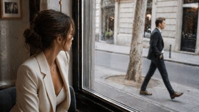 Женщина с укладкой сидит у окна в кафе и смотрит на мужчину в пиджаке, который проходит мимо по улице, не замечая её