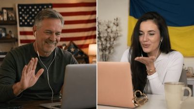 Американский мужчина и украинская женщина общаются по видеосвязи за компьютерами, онлайн-знакомство через брачное агентство